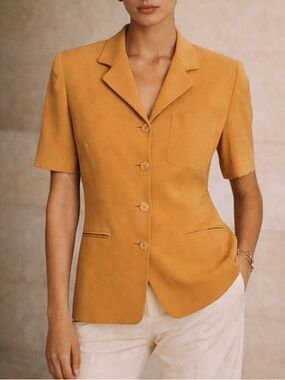 Vintage 90s Silk Short Sleeve Blazer Size 10 Golden Yellow 90s
